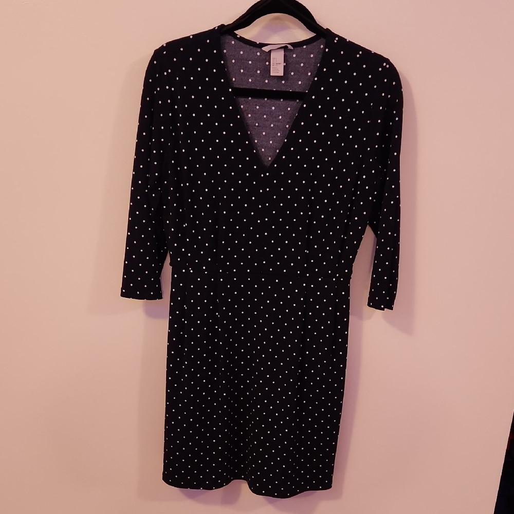 H&M Navy Blue and White Polka Dot Long Sleeve Dress